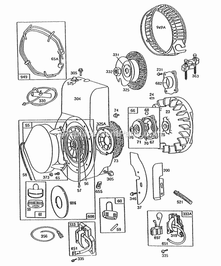 Blower HsgFlywheelRewind Diagram and Parts List for  Briggs and Stratton Engine